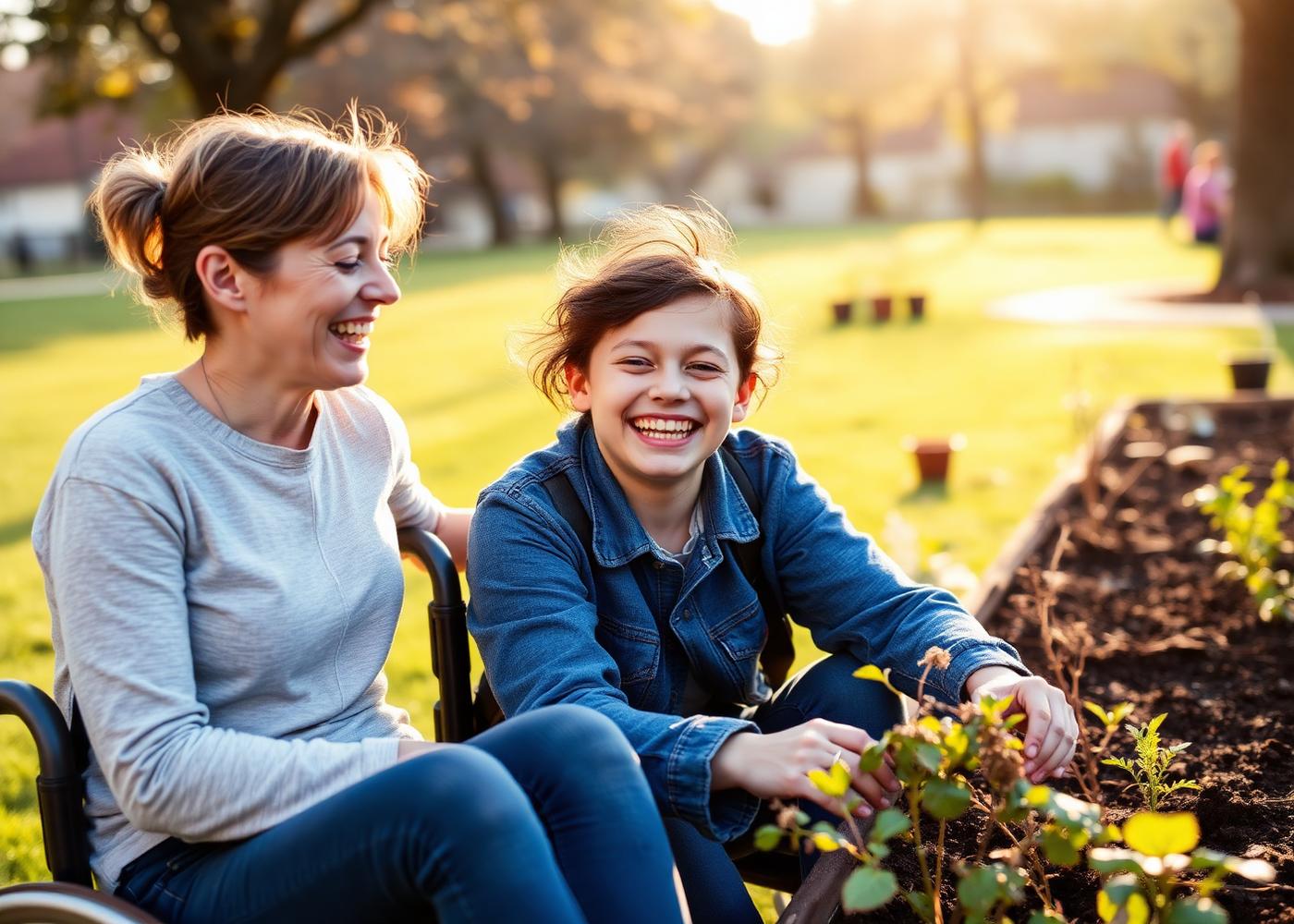 Support worker and member gardening together outdoors