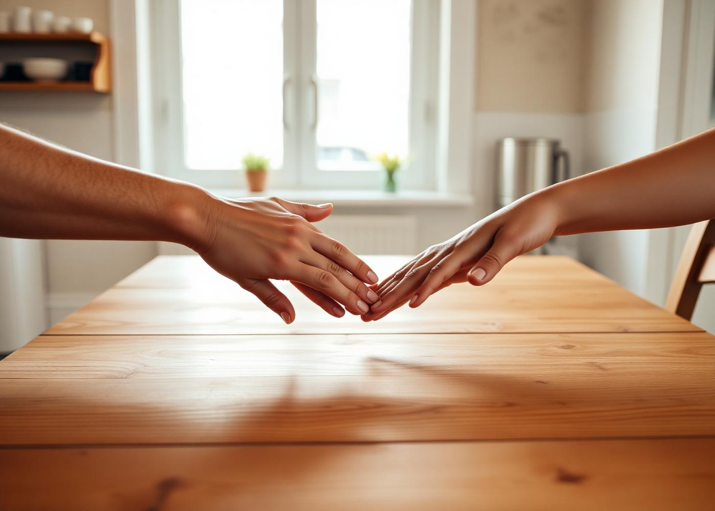 Two people gently holding hands across a wooden table