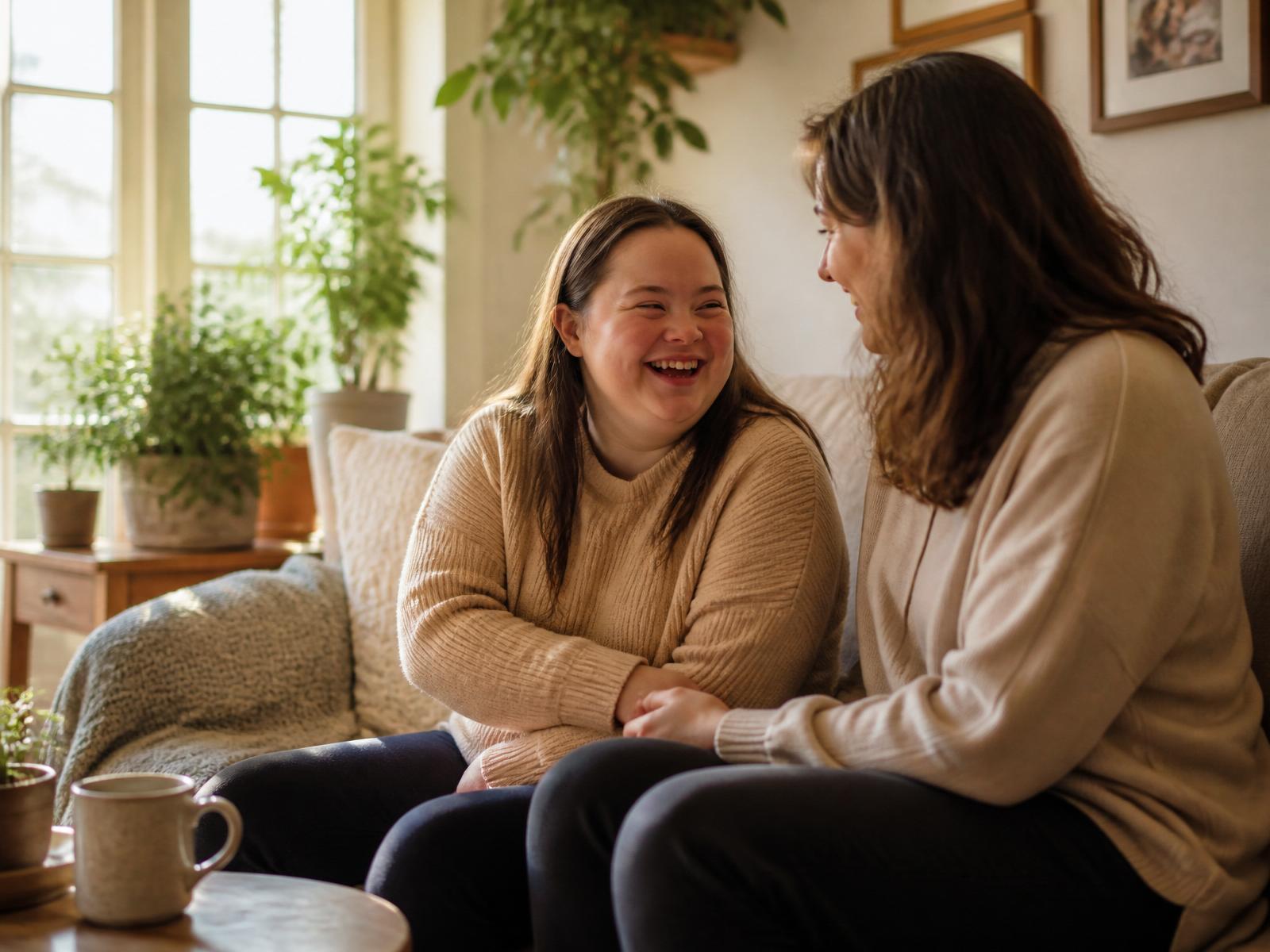 A caregiver and a member sharing a warm moment at home